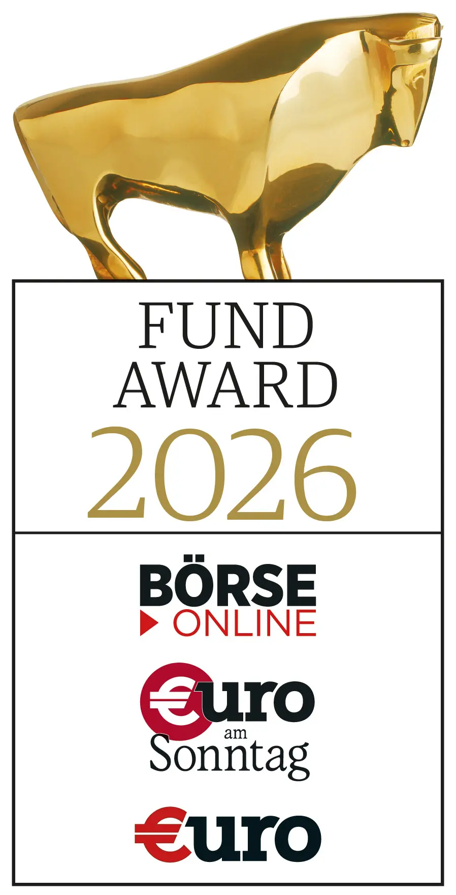 Goldener Stier über einer Aufzählung von Publikationen. "FundAward 2026"
