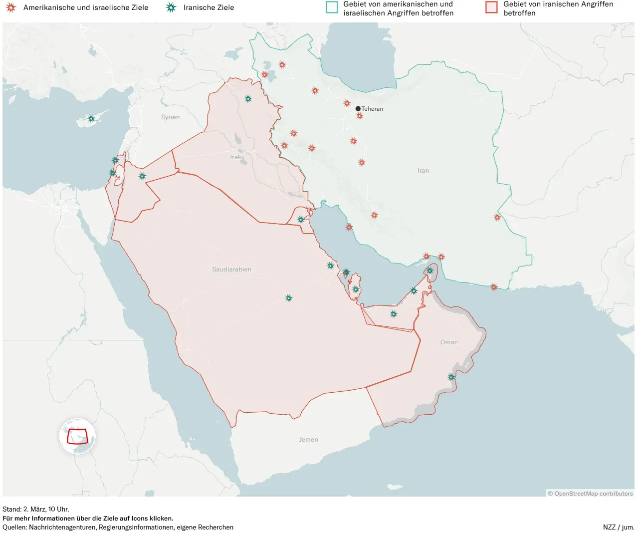 Eine Karte als Übersicht der Kriegshandlungen im Iran-Krieg.