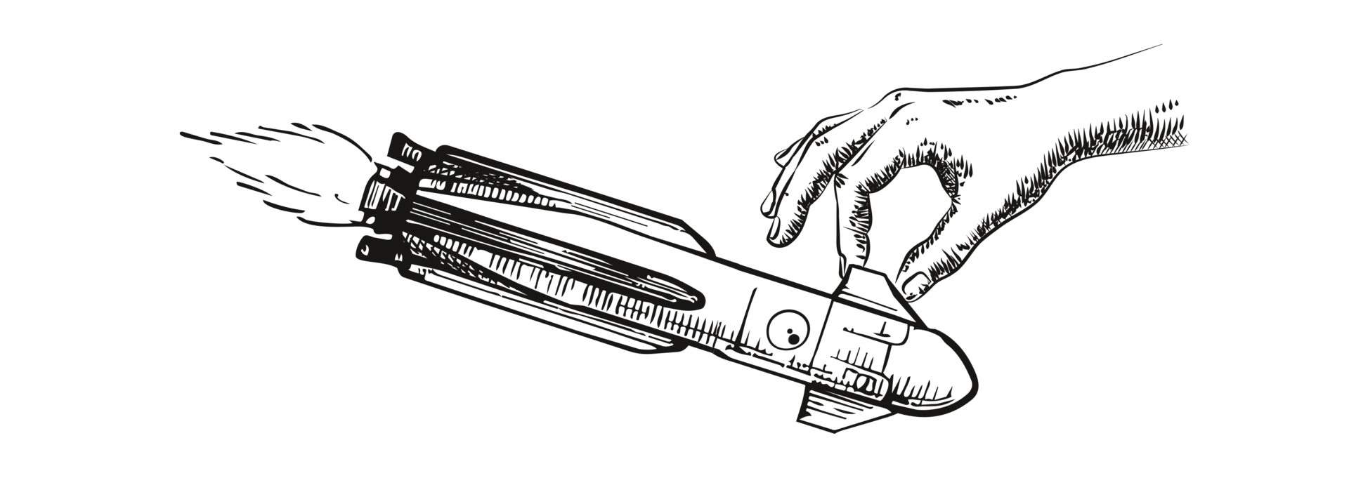Illustration einer startenden Rakete, die von einer Hand gehalten wird