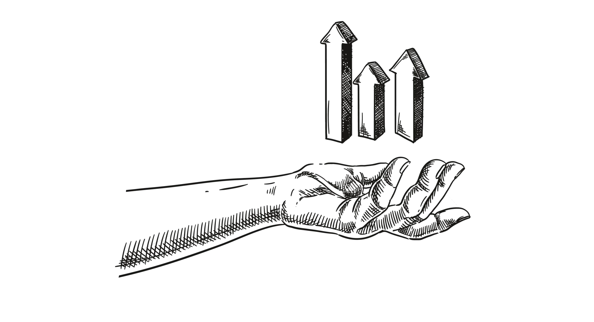 Illustration einer offenen Hand mit drei aufsteigenden Pfeilen darüber – als Symbol für Chancen und Entwicklungen am Aktienmarkt.