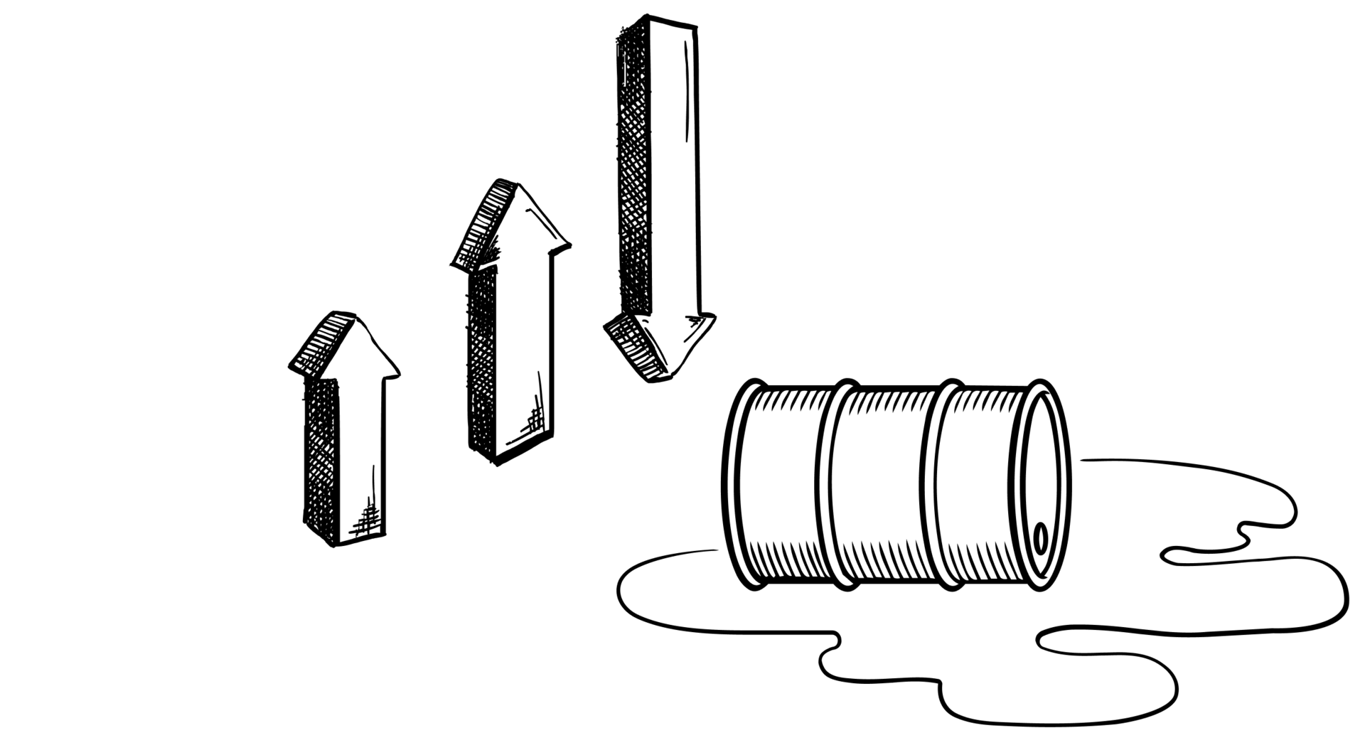 Illustration eines liegenden Ölfasses in einer Pfütze, daneben Pfeile nach oben und unten als Symbol für schwankende Ölpreise.