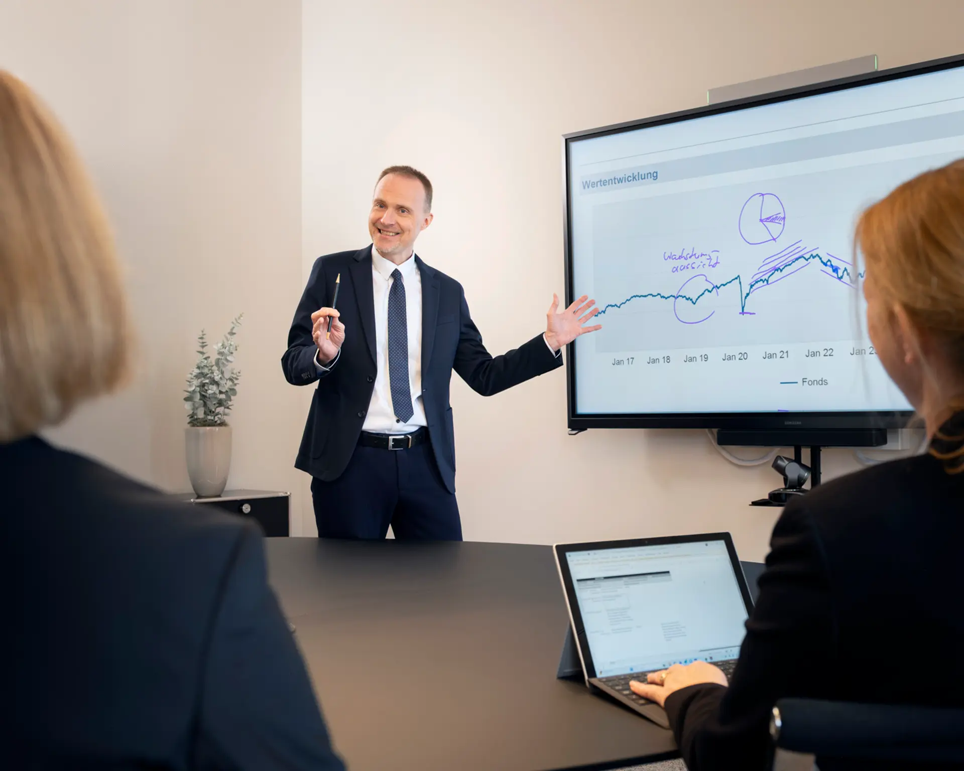 Ein Mann hält eine Präsentation vor einem Bildschirm mit Diagramm, während zwei Personen zuhören.
