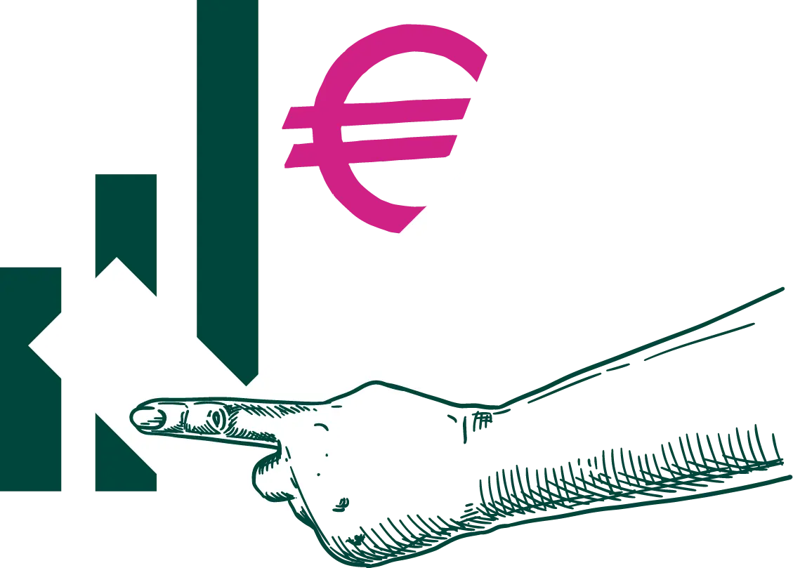 Aufsteigendes grünes Balkendiagramm mit Eurozeichen, Hand klickt auf ein Häkchen