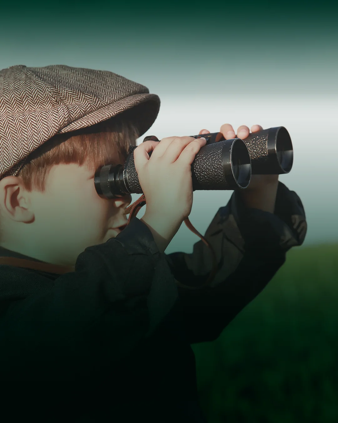 Junge mit Schiebermütze, der durch ein Fernglas schaut.