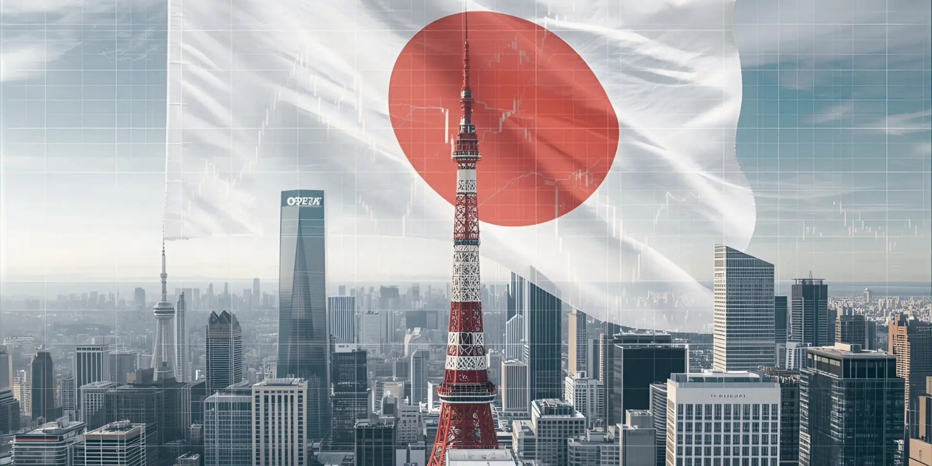 Tokio Tower und im Hintergrund ist die Stadt Tokio und groß eine japanische Flagge