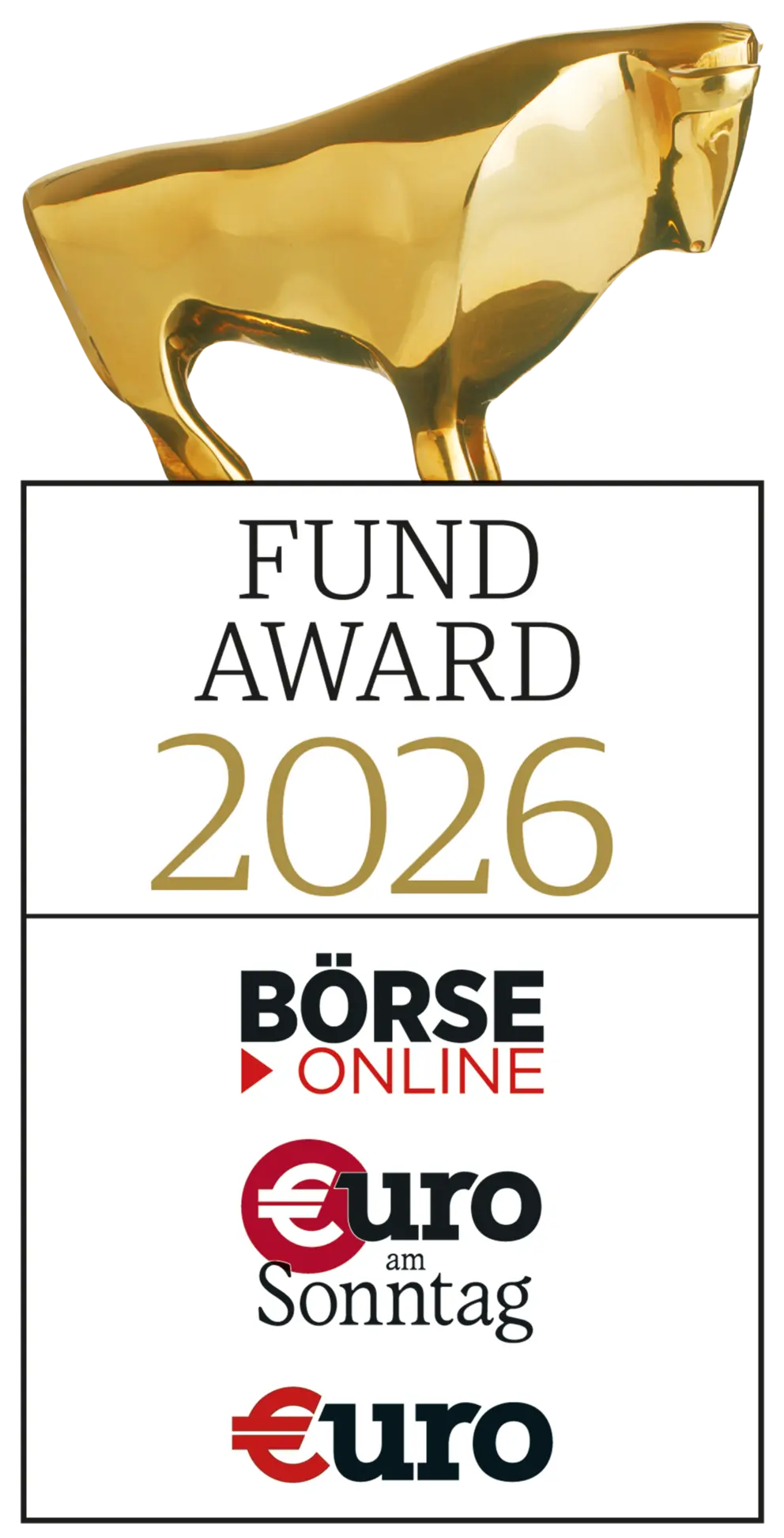 Goldener Stier über einer Aufzählung von Publikationen. "FundAward 2026"