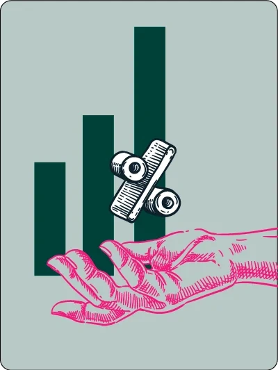 Ein Prozentzeichen schwebt über einer Hand. Im Hintergrund sieht man ein Balkendiagramm.